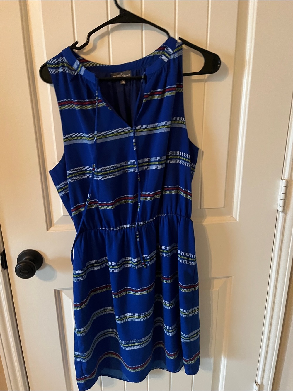 Market & Spruce Royal Blue Striped Sleeveless Tie-Neck Mini Dress